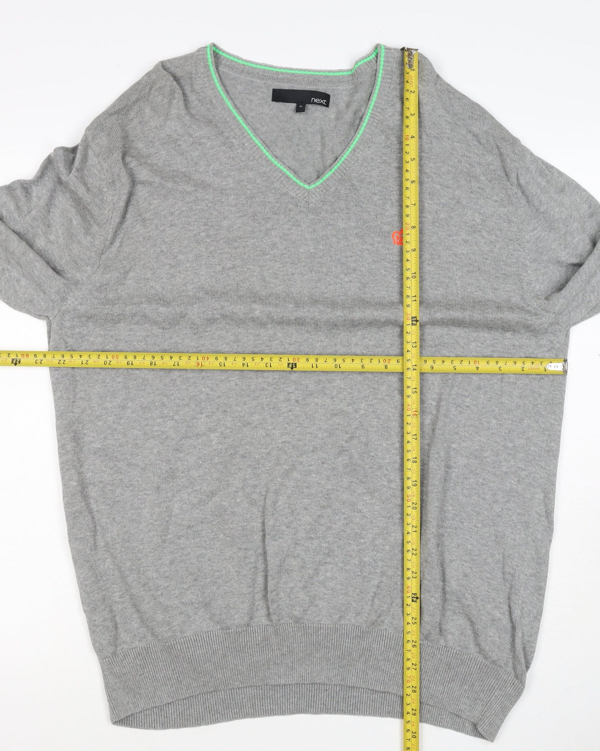 Next Men Grey XL V-Neck Cotton Knit Pullover Jumper Contrast Trim Logo