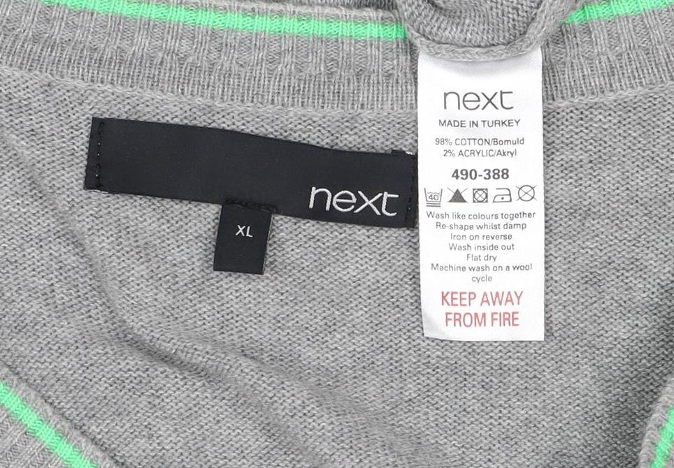 Next Men Grey XL V-Neck Cotton Knit Pullover Jumper Contrast Trim Logo