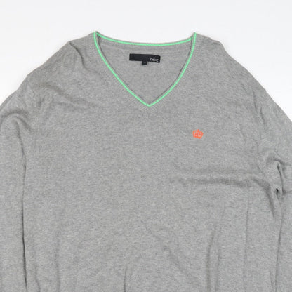 Next Men Grey XL V-Neck Cotton Knit Pullover Jumper Contrast Trim Logo