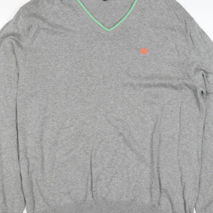 Next Men Grey XL V-Neck Cotton Knit Pullover Jumper Contrast Trim Logo