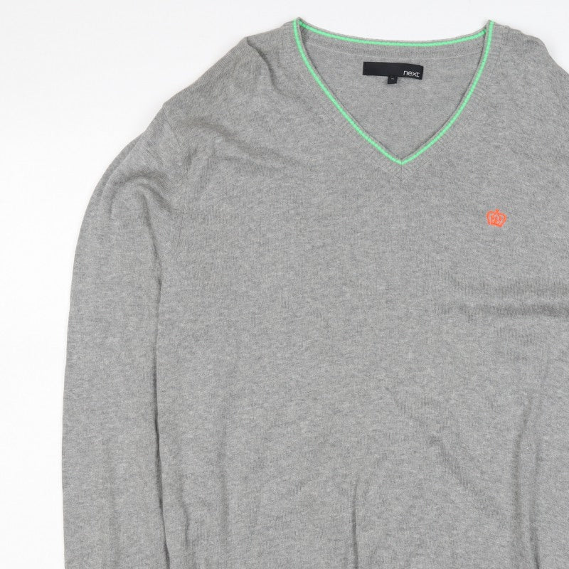 Next Men Grey XL V-Neck Cotton Knit Pullover Jumper Contrast Trim Logo