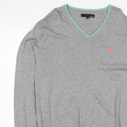 Next Men Grey XL V-Neck Cotton Knit Pullover Jumper Contrast Trim Logo