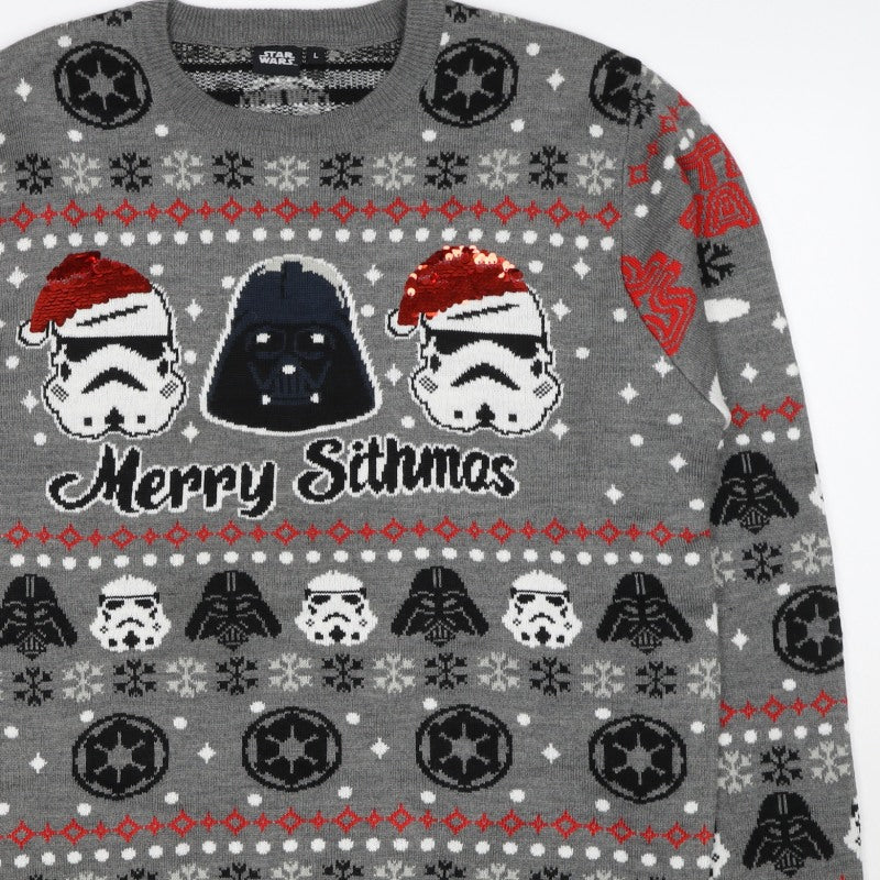 Star Wars Men Grey L Christmas Darth Vader Sequin Fair Isle Jumper