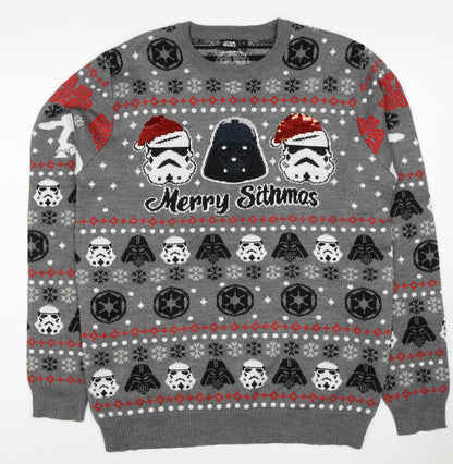 Star Wars Men Grey L Christmas Darth Vader Sequin Fair Isle Jumper