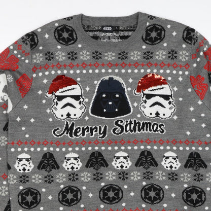 Star Wars Men Grey L Christmas Darth Vader Sequin Fair Isle Jumper