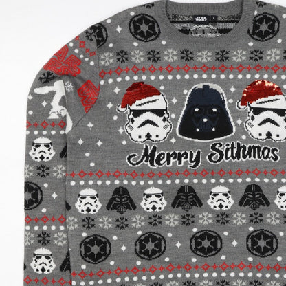 Star Wars Men Grey L Christmas Darth Vader Sequin Fair Isle Jumper
