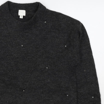 H&M Women Grey Size 10 Jewel Detail Crew Neck Knit Jumper