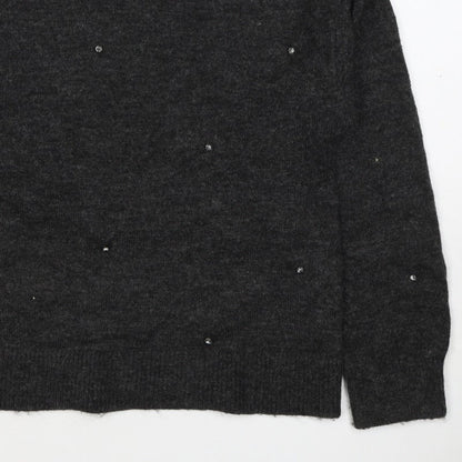 H&M Women Grey Size 10 Jewel Detail Crew Neck Knit Jumper