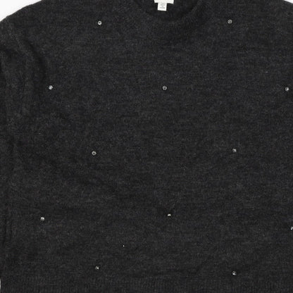 H&M Women Grey Size 10 Jewel Detail Crew Neck Knit Jumper