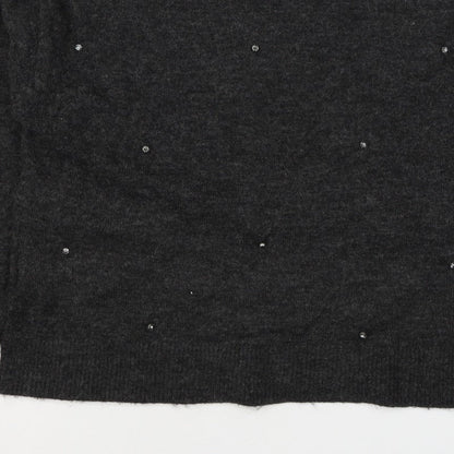 H&M Women Grey Size 10 Jewel Detail Crew Neck Knit Jumper