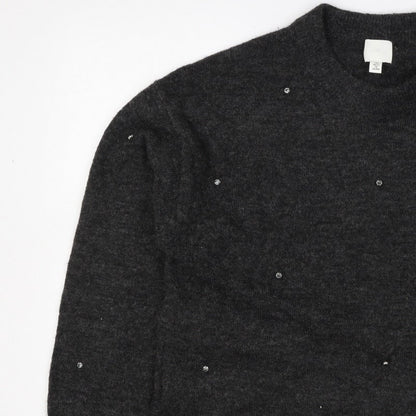 H&M Women Grey Size 10 Jewel Detail Crew Neck Knit Jumper