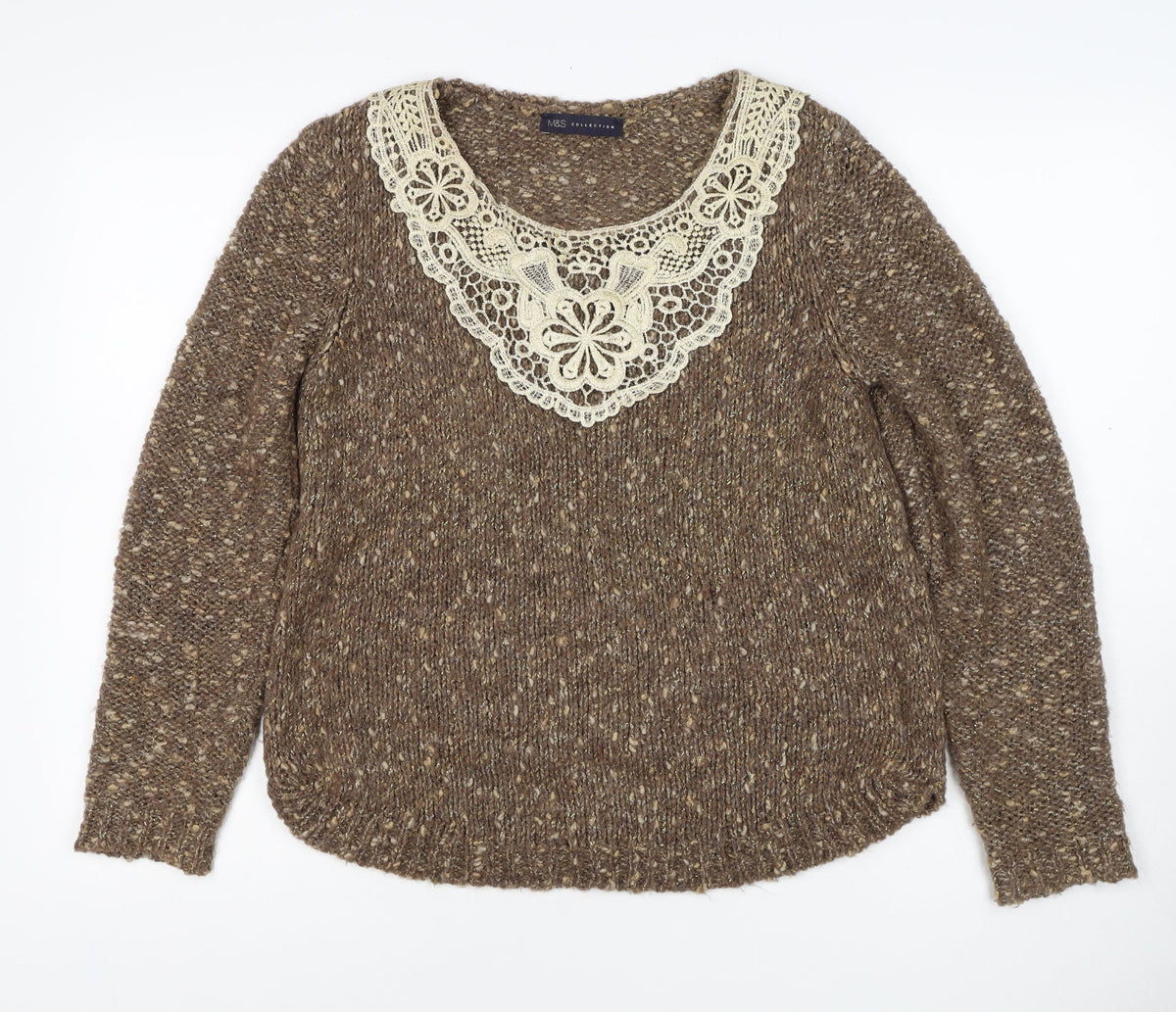 Marks and Spencer Women's Brown UK 12 Chunky Knit Lace Pullover Jumper