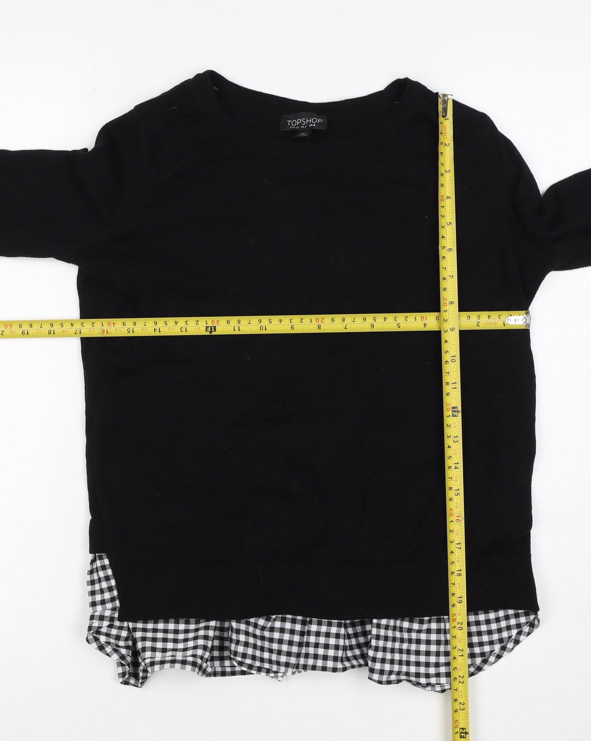 Topshop Women Black UK 6 Knit Gingham Ruffle Hem Jumper