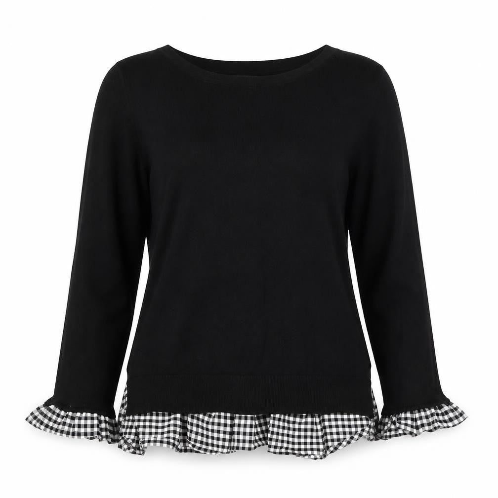 Topshop Women Black UK 6 Knit Gingham Ruffle Hem Jumper
