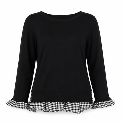 Topshop Women Black UK 6 Knit Gingham Ruffle Hem Jumper