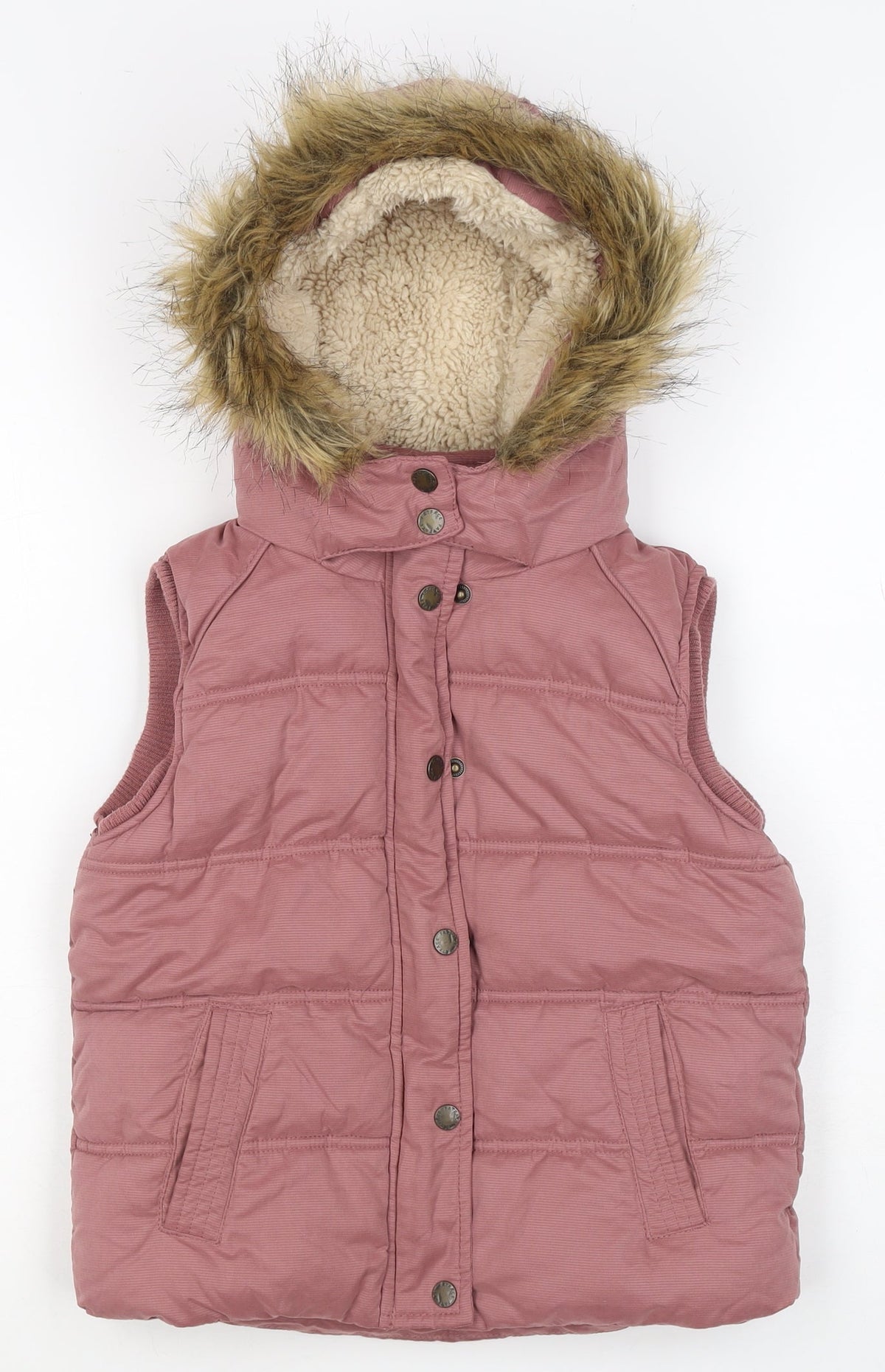 FatFace Girls Pink 8-9 Years Hooded Padded Faux Fur Waistcoat Gilet
