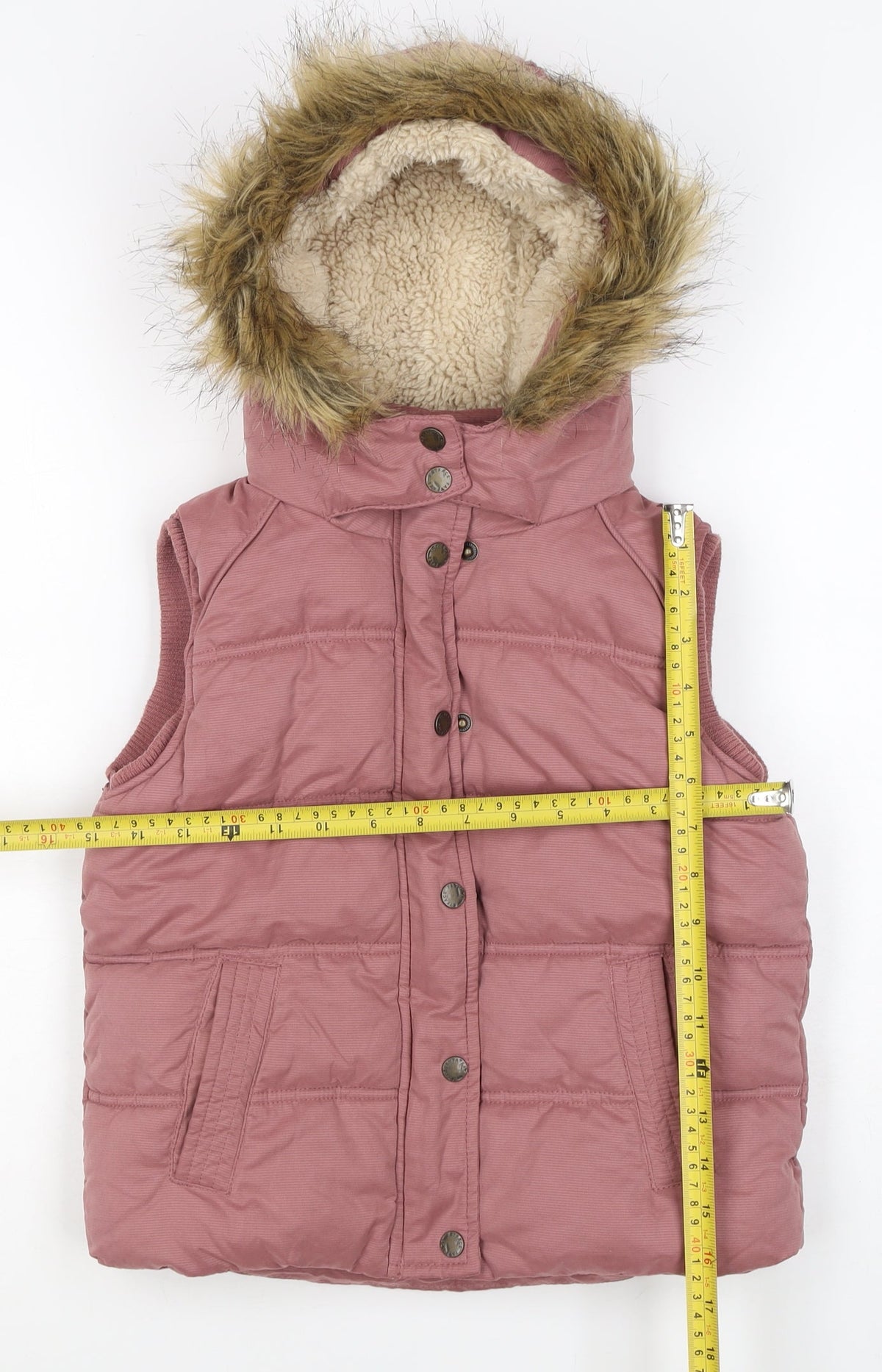 FatFace Girls Pink 8-9 Years Hooded Padded Faux Fur Waistcoat Gilet