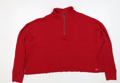 Hollister Women Red L 1/4 Zip High Neck Cotton Sweatshirt