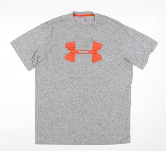 Back view of Under Armour Men’s Grey Orange Logo HeatGear T-Shirt, size S