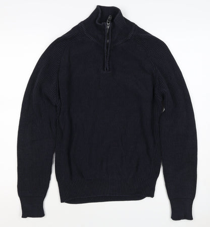 Next Men’s Blue M 1/4 Zip High Neck Chunky Knit Cotton Jumper