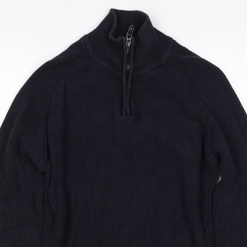 Next Men’s Blue M 1/4 Zip High Neck Chunky Knit Cotton Jumper