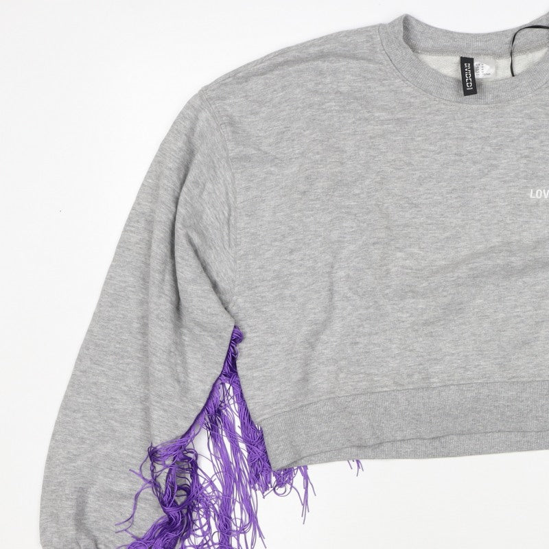H&M Divided Women's Grey Purple Fringe Love Sweatshirt UK 8 Cropped