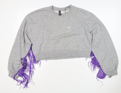 H&M Divided Women's Grey Purple Fringe Love Sweatshirt UK 8 Cropped