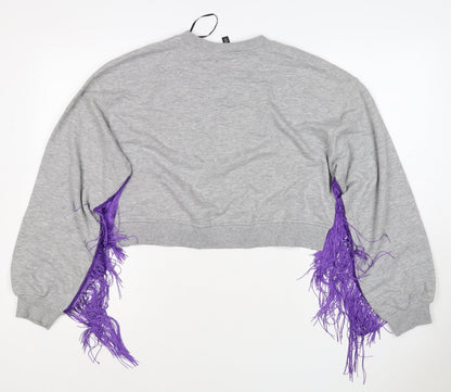 H&M Divided Women's Grey Purple Fringe Love Sweatshirt UK 8 Cropped