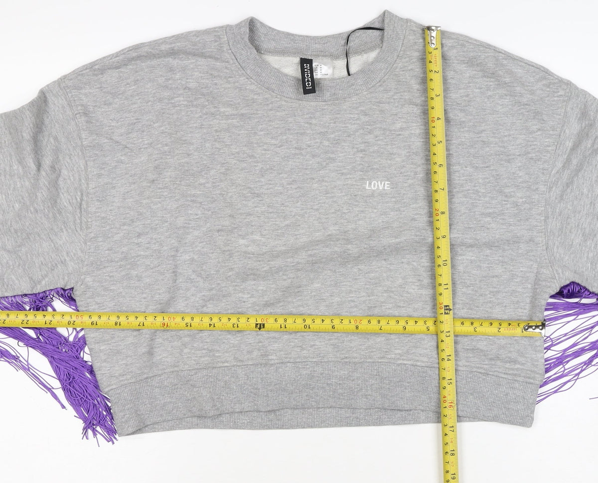 H&M Divided Women's Grey Purple Fringe Love Sweatshirt UK 8 Cropped