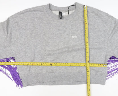 H&M Divided Women's Grey Purple Fringe Love Sweatshirt UK 8 Cropped
