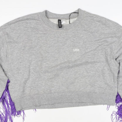 H&M Divided Women's Grey Purple Fringe Love Sweatshirt UK 8 Cropped