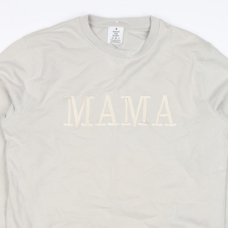 Rock On Ruby Women’s Beige MAMA Embroidered Crew Neck Sweatshirt M