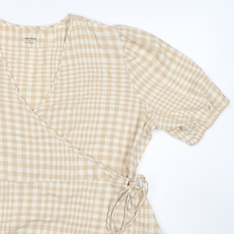 Linen Blend Women’s Beige Check Wrap Blouse UK 18 Puff Sleeve