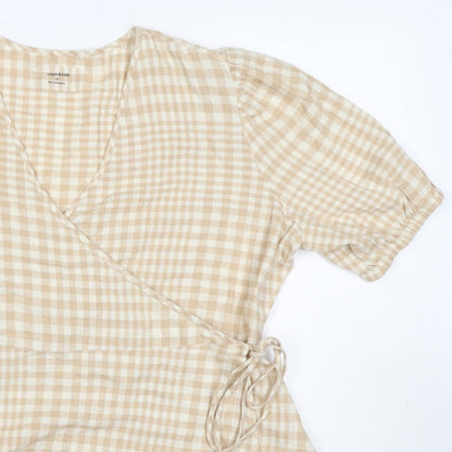 Linen Blend Women’s Beige Check Wrap Blouse UK 18 Puff Sleeve
