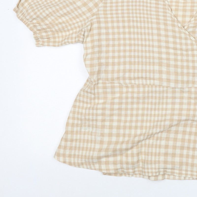 Linen Blend Women’s Beige Check Wrap Blouse UK 18 Puff Sleeve