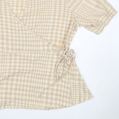 Linen Blend Women’s Beige Check Wrap Blouse UK 18 Puff Sleeve