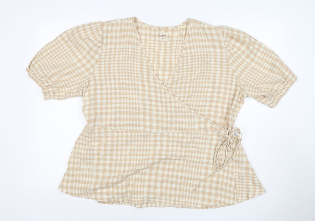 Linen Blend Women’s Beige Check Wrap Blouse UK 18 Puff Sleeve