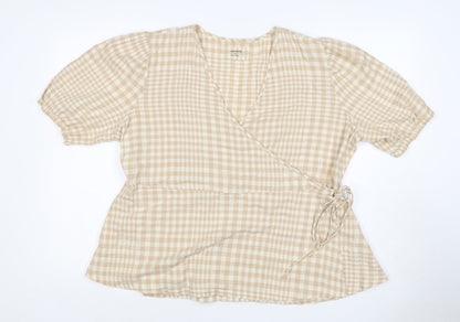 Linen Blend Women’s Beige Check Wrap Blouse UK 18 Puff Sleeve