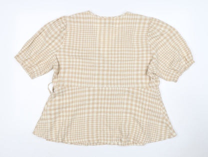Linen Blend Women’s Beige Check Wrap Blouse UK 18 Puff Sleeve