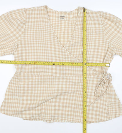 Linen Blend Women’s Beige Check Wrap Blouse UK 18 Puff Sleeve