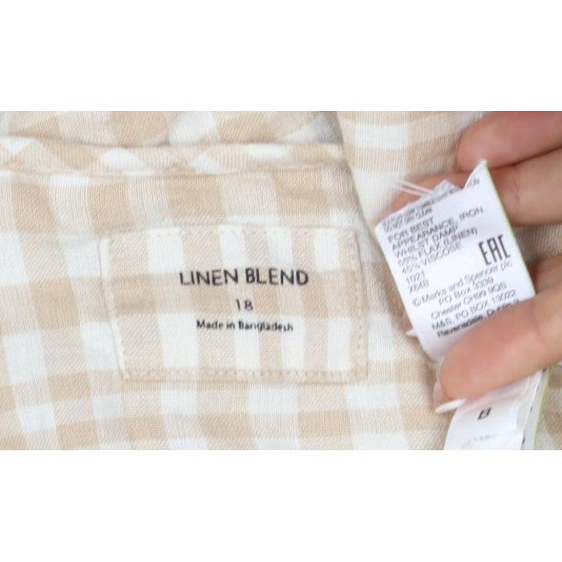 Linen Blend Women’s Beige Check Wrap Blouse UK 18 Puff Sleeve