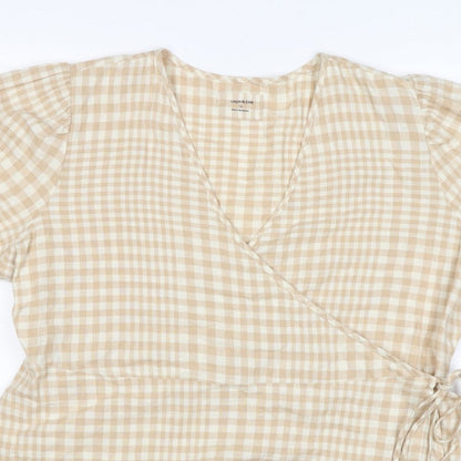 Linen Blend Women’s Beige Check Wrap Blouse UK 18 Puff Sleeve