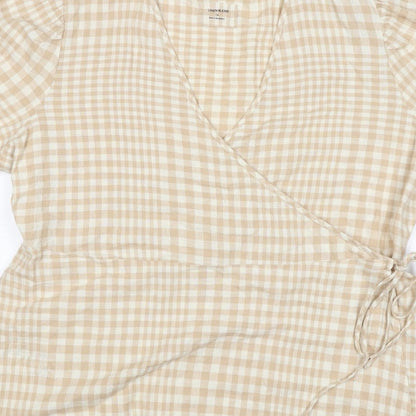 Linen Blend Women’s Beige Check Wrap Blouse UK 18 Puff Sleeve
