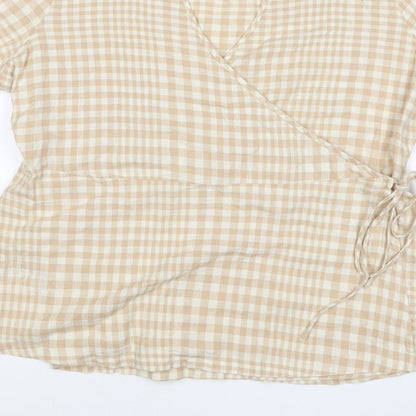 Linen Blend Women’s Beige Check Wrap Blouse UK 18 Puff Sleeve