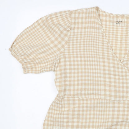 Linen Blend Women’s Beige Check Wrap Blouse UK 18 Puff Sleeve