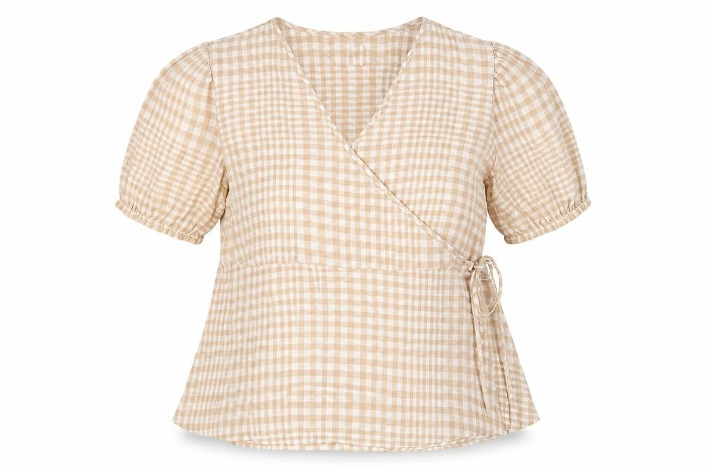 Linen Blend Women’s Beige Check Wrap Blouse UK 18 Puff Sleeve