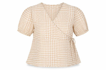 Linen Blend Women’s Beige Check Wrap Blouse UK 18 Puff Sleeve