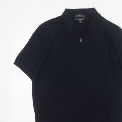 Marks and Spencer Men Black L Herringbone Knit 1/4 Zip Polo