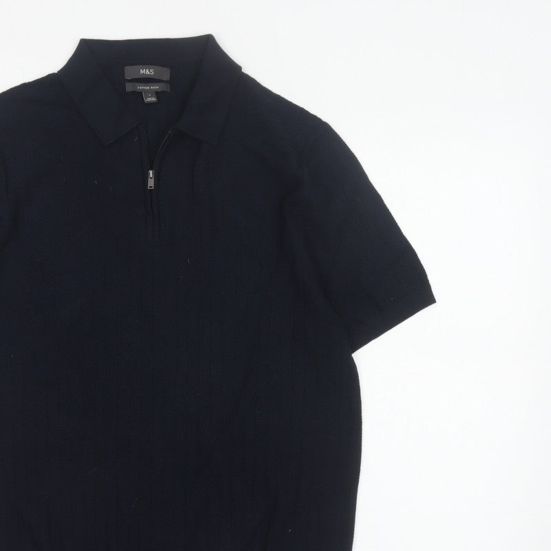 Marks and Spencer Men Black L Herringbone Knit 1/4 Zip Polo