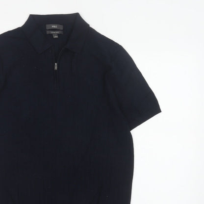 Marks and Spencer Men Black L Herringbone Knit 1/4 Zip Polo